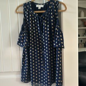Michael Kors cold shoulder navy and gold foil print blouse size large